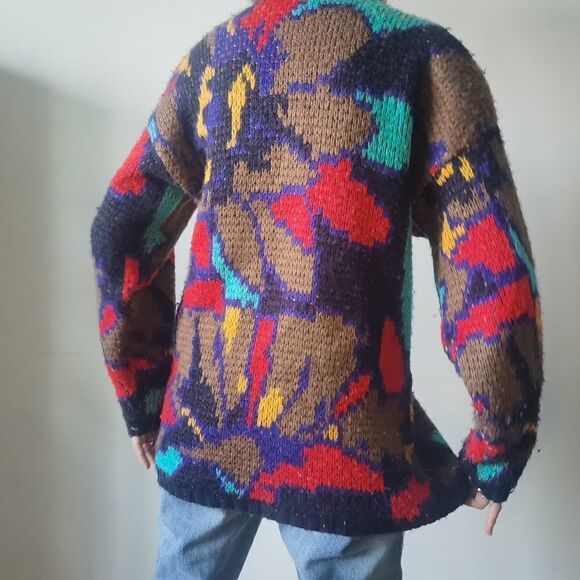 Fun fluffy & soft multicoloured 80s color block cardigan with oversize sleeves - Picture 2 of 5